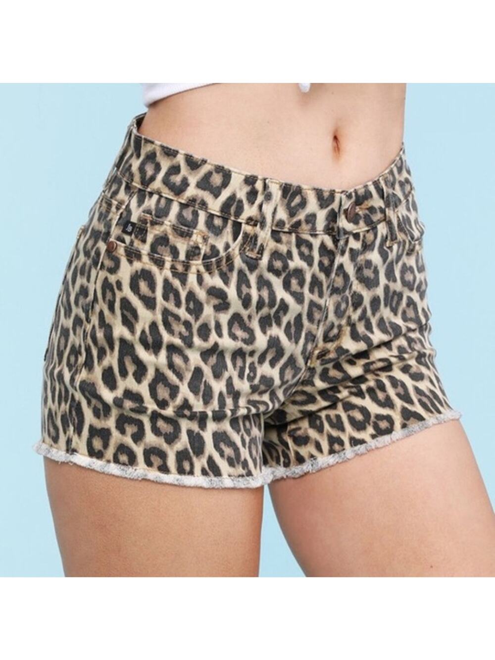 Judy Blue Leopard Cheetah Print Shorts Women's Large Denim Fray Edge Indie Boho